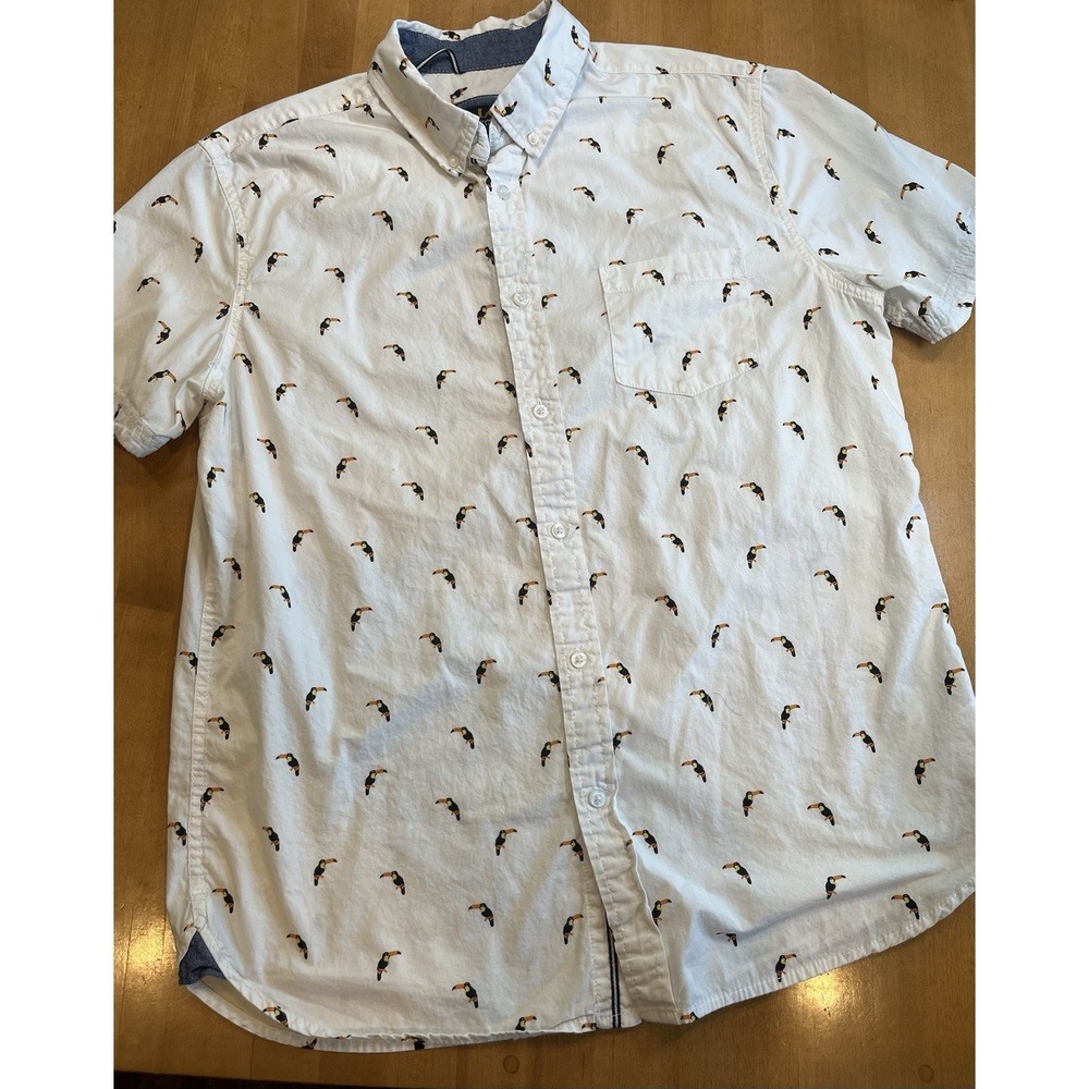 Lee Mens Collar Button Up White Denim Toucan‎ Summer Shirt 100% Cotton